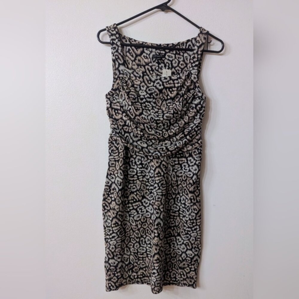 Ann Taylor Women’s Animal Print Ruched Dress Black, Tan Sheath Size 6 Retail $98